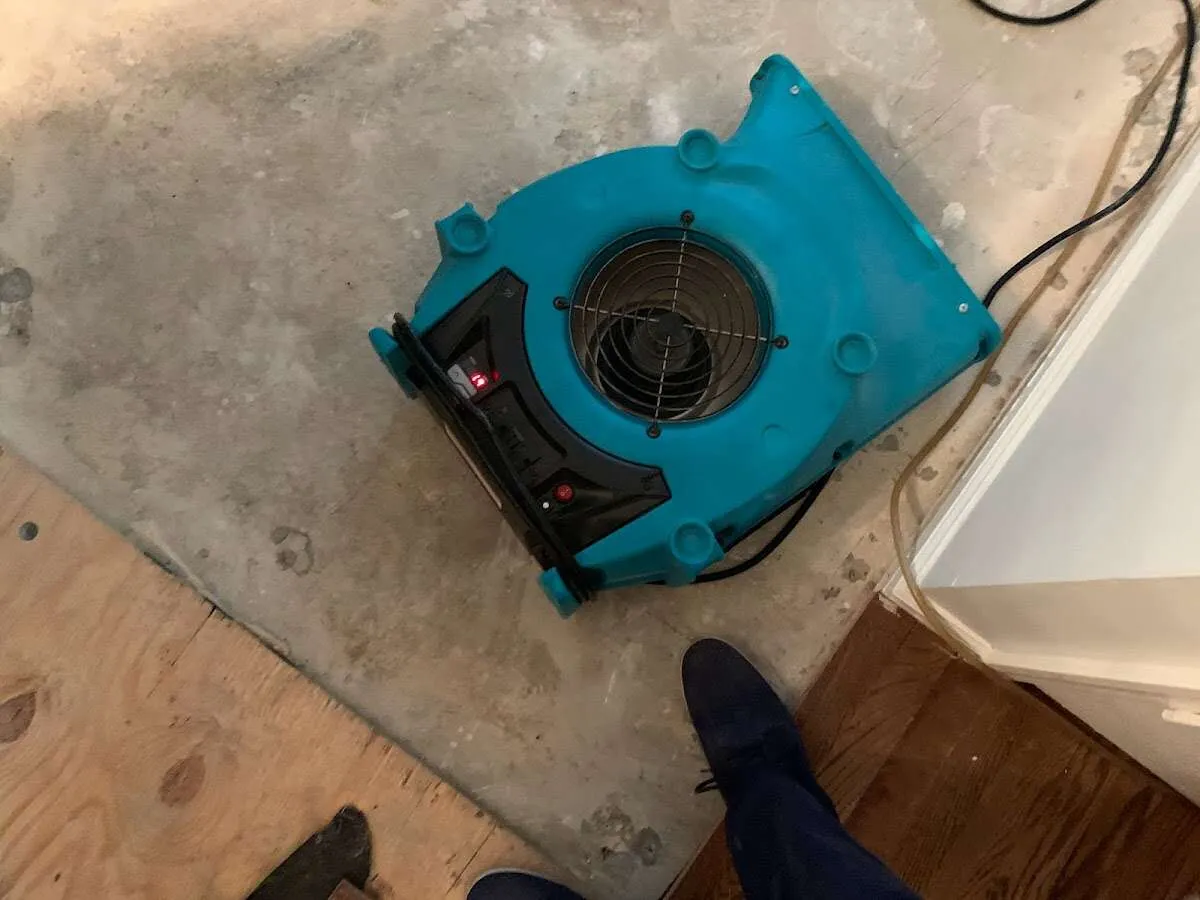 Air mover drying subfloor during Leak Detection & Repair in Five Forks